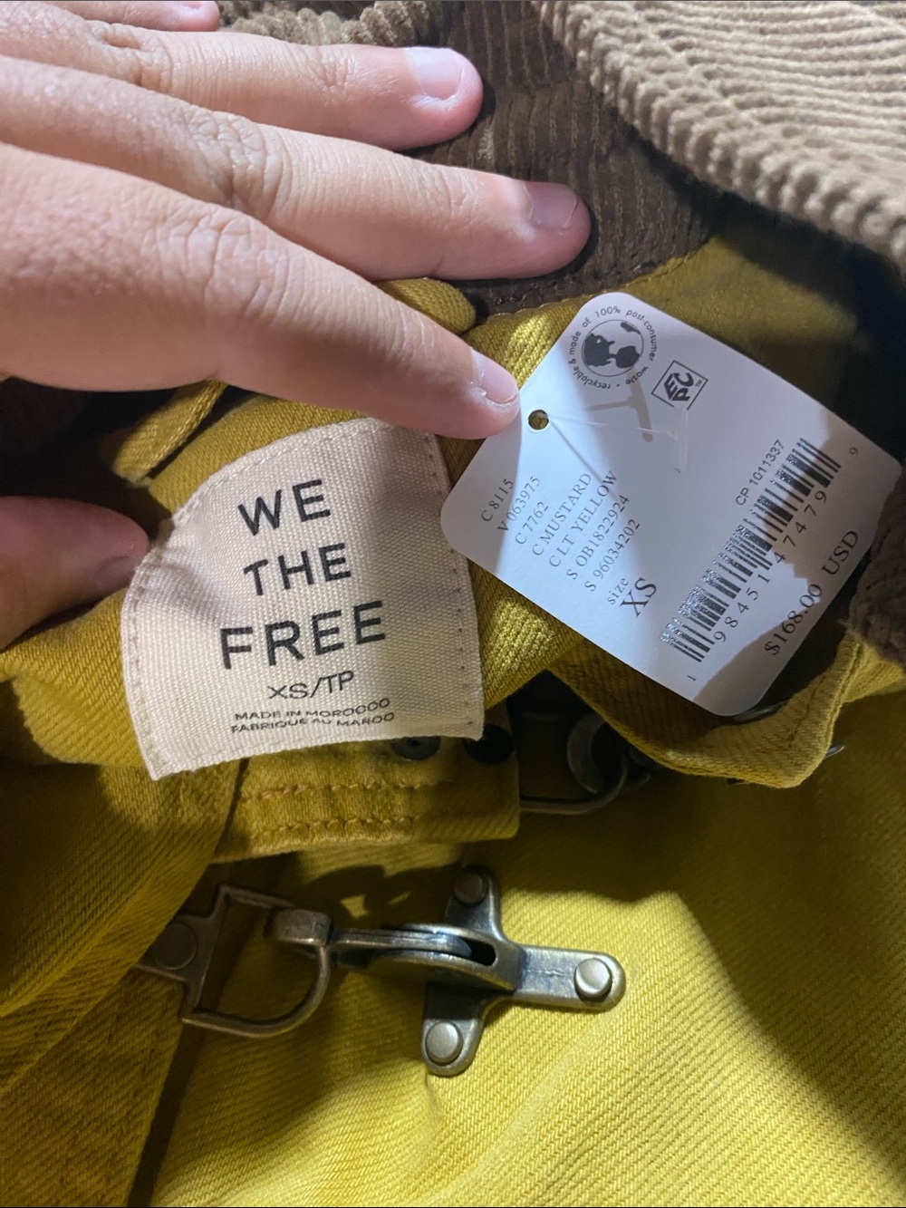 Free People Denim Barn Coat Corduroy Collar Mustard Yellow Buckle XS - Picture 5 of 5